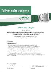 Das DEKRA-Zertifikat bestätigt die erfolgreiche Unterweisung für Hochvoltsysteme in der Fahrzeugtechnik. Vertrauen Sie auf zertifizierte Expertise im Umgang mit modernen Elektromobilitäts-Technologien.