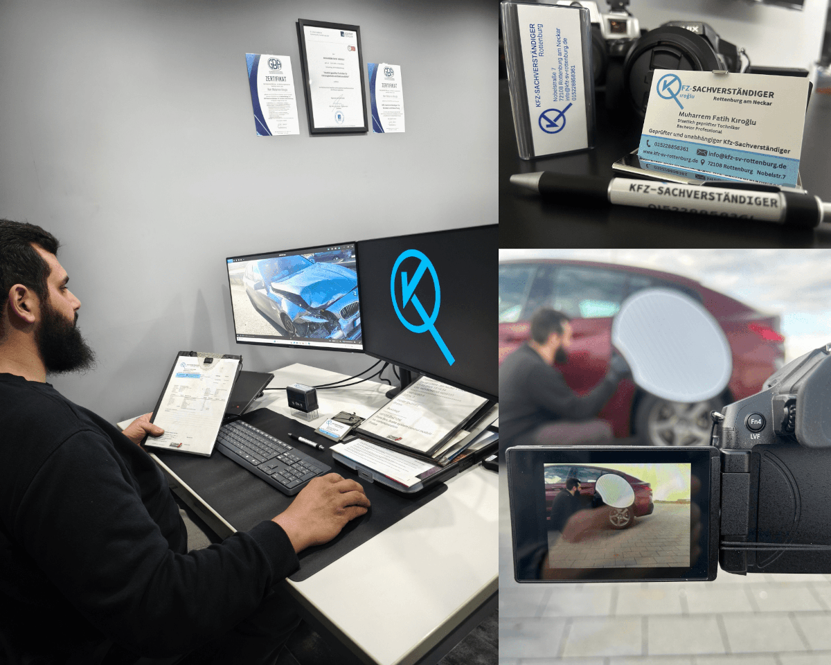 Ein Kfz-Gutachter gibt präzise erfasste Fahrzeugdaten in das System ein. Ideal für Themen rund um Fahrzeugbewertung, Schadensgutachten und digitale Dokumentation von Fahrzeugprüfungen.