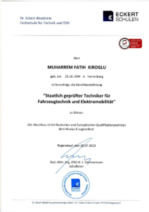 Das Zertifikat der Dr. Eckert Akademie bestätigt die Qualifikation als staatlich geprüfter Techniker für Fahrzeugtechnik und Elektromobilität. Vertrauen Sie auf fachliche Expertise für moderne Fahrzeugtechnologien.